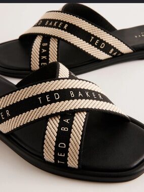 Ted Baker Black and Cream Cross-Strap Slide Sandals